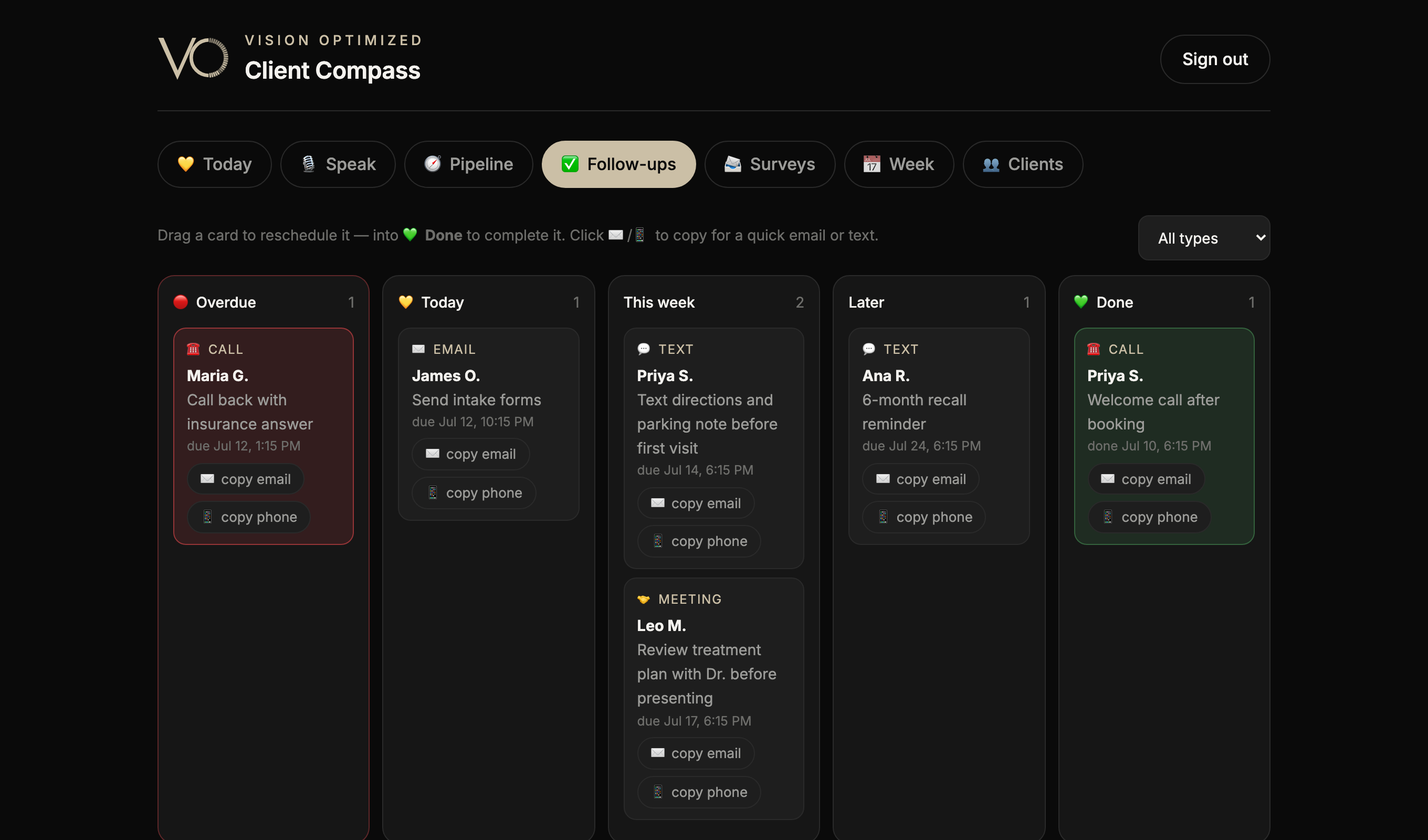 Follow-ups board with drag-and-drop time buckets
