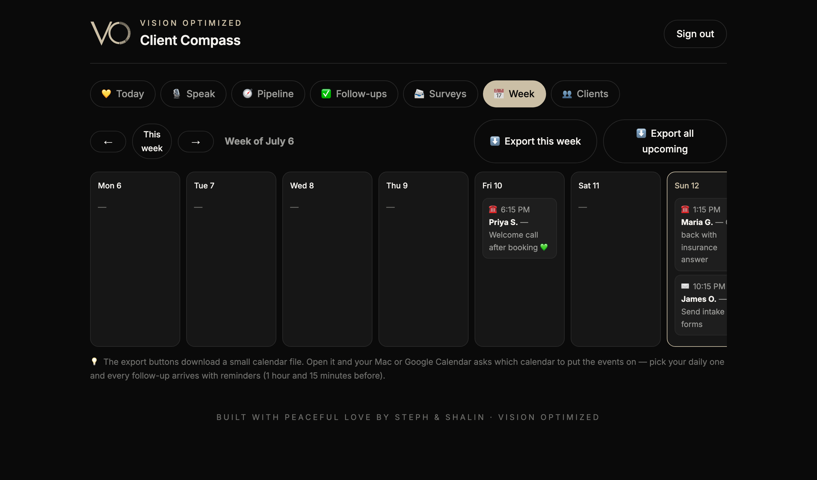 Week calendar with export to your own calendar