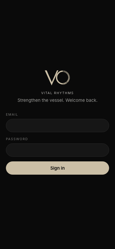 The app sign-in screen: the VO mark over obsidian, champagne accents